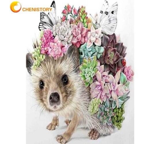 CHENISTORY 5D Full Square Round Diamond Painting Animal Fleshiness Hedgehog Cross Stitch DIY Embroidery Flower Mosaic Decoration