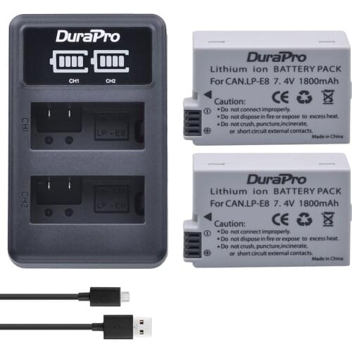 Durapro 2pc Battery For Canon LP-E8 LP E8 LPE8 Li-ion Batteries + LED Dual USB Charger For Canon EOS 550D 600D 650D 700D Camera