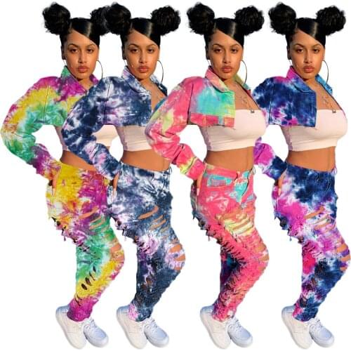 Tie Dye Print Jeans Two Piece Set 2020 New Women Long Sleeve Short Jacket Top Distressed Ripped Denim Pants Casual Suits