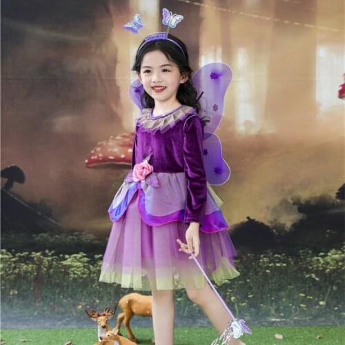 Halloween Purple Fairy Children Cosplay Witch Girl Clothes Snow White Angel Dress+Wing 2PCS Kids Baby Stage Dance Costume DL6057