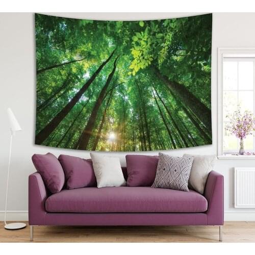 Tapestry Into the Forest Tall Trees Sun Shining Through Leaves Foliage Branches Wild Nature Photo Green Yellow
