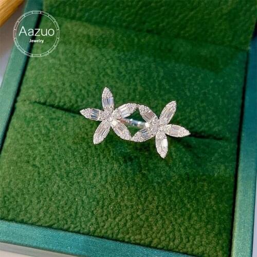 Aazuo Pure 18K White Gold Flower Ring For Women Genuine Sparkling Diamond Ring Promise Engagement Rings Anniversary Fine Jewelry