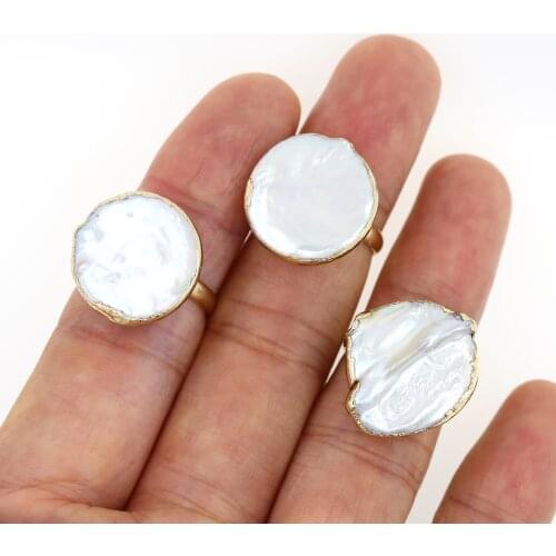 Natural white big flat mother pearl shell Bead Charm Gold Ring gold Wrap resizble Open Rings Cuff For Women wedding gift