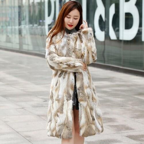 New womens Real genuine natural rabbit fur coat ladies fashion o-neck long jacket outwear warm winter custom any size