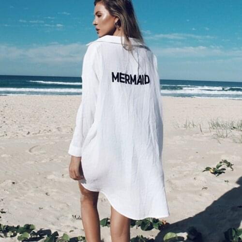 Summer Beach Top Shirt Dress 2019 New White Cotton Tunic Swimwear Cover Up Women Beachwear Swimsuit Cover Ups Robe De Plage