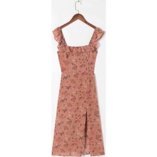 Summer Womens Casual Flower Print Ruffled Slim Sling Dress