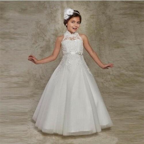 Petites Princess White Lace Applique Flower Girl Dresses Organza Girls Pageant First Communion Dresses