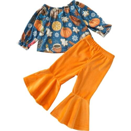 Fashion Toddler Girls 2Pcs Halloween Clothes Outfits Off Shoulder Long Sleeve Pumpkin print Tops + Flare Pants Set