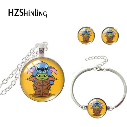 2021 New Baby Yoda Cartoon Cute Alien Yoda and Stitch Round Dome Pendant Stud Earrings and Bangle Bracelet Jewelry Set