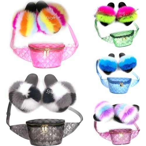 Wholesale Womens Fox Fur Slippers Ladies Rainbow Jelly Fannypack Furry Slides Handbag Purse Wallet Shoes Sets Female Sandals