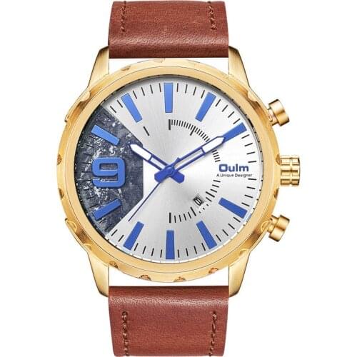 Oulm New Fashion Auto Date Genuine Leather Mens Wrist Watches Luxury Brand Gold Black Case Big Size Male Quartz Clock Watch Man