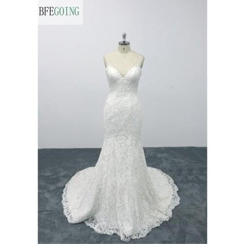 Ivory Lace Beading V-Neck Sleeveless Floor-Length Mermaid/Trumpet Wedding dress Bridal gown Chapel Train Custom made