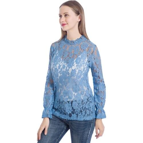 Spring Autumn Women Blouses Flare Sleeve Hollow Ladies Tops Fashion Vintage Trend Women Print Shirts Round Neck Blouse Female