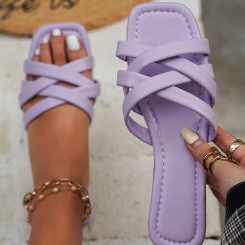 Womens Summer Slippers 2021 Beach Sandals Women Casual Outdoor Flat Flip Flops Female Cross-tied Slides Square Heel Plus Size43
