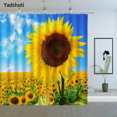 Sunflower Floral Shower Curtains Summer Fall Yellow Flower Plant Green Leaf Blue Sky Scenery Bathroom Waterproof Hanging Curtain
