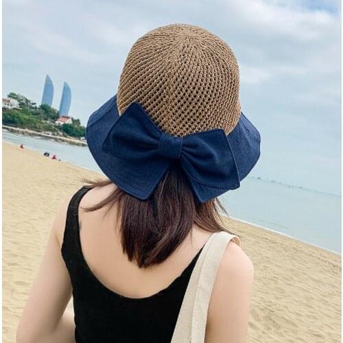 Womens Sun Straw Hat Wide Brim Classic Bowknot Foldable Fashion Foldable Straw Hat Summer Outdoor Beach Cap Bucket Hat UPF 50