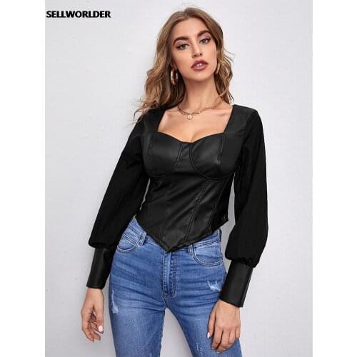 Women Spring and Autumn Retro V-neck Leather Splicing Top Sexy Puff sleeves Leather jacket