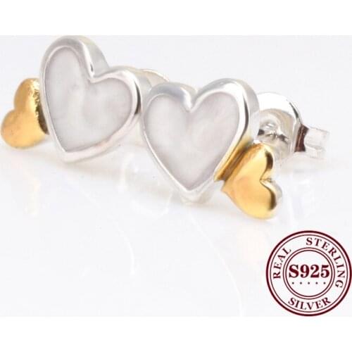 Authentic 925 Sterling Silver Pan Earrings Gold Color Heart Lovely Ladybug Earring Crystal For Women Wedding Party Jewelry