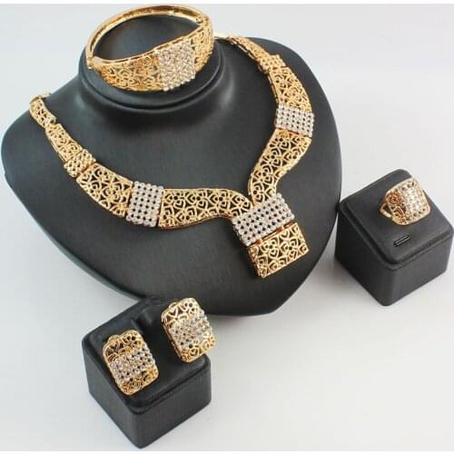 Women Wedding Bridal Party Gold Color Crystal Pendant Fine Statement Necklace Earrings Bangle Rings Jewelry Sets