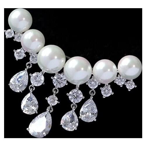 2020 New Imitation Pearl Tassel Brooch High Quality Luxury Sparkling Cubic Zirconia Suit Coat Dress Brooch Pin Women