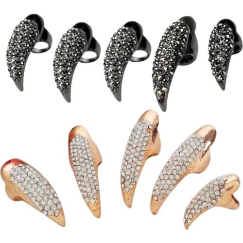 5Pcs Fashion Exquisite Gothic Punk Cool Rock Eagle Claw Crystal Rhinestones Finger Nail Hook Ring Jewerly Nail Art Decor Party