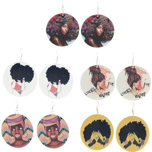 African American Black High Puff Hair Pattern Earring Wood Tag Ear Hook Women Girls Night Club Jewelry