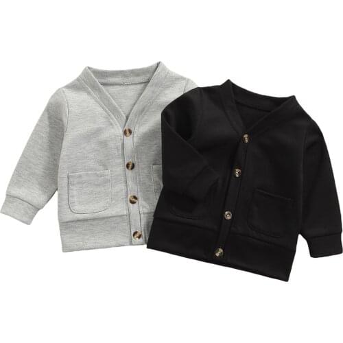 Little Kids Baby Boy’s Autumn Long Sleeve Cardigan Fashion Solid Color V-neck Casual Coat with Pocket 1-6T