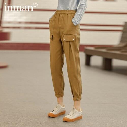 INMAN Spring Autumn Cotton Vintage Safari Style Pocket Rivet Belt Slimming Radish Long Trousers