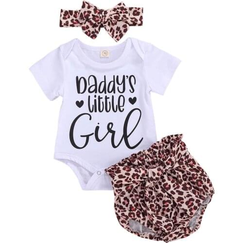 Newborn Baby Girl Clothes, Letter Print Short Sleeve Bodysuit Romper and Leopard Shorts with Headband 3Pcs Outfits Set