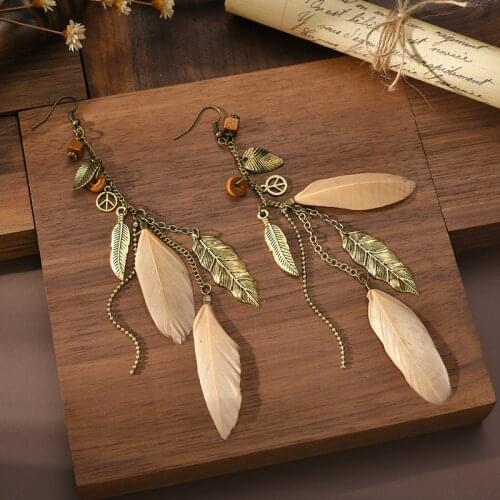 Fashion Earrings Bohemian Ethnic Style Leaf Earrings Jewelry Retro Long Tassel Colorful Feather Earrings Jewelry Gift for W