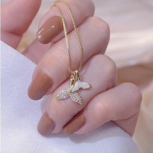 Shining Bling AAA Zircon Fish Tail Necklaces Women Clavicle Chain Charm Wedding Shell Pendant 14K Gold Plated Jewelry