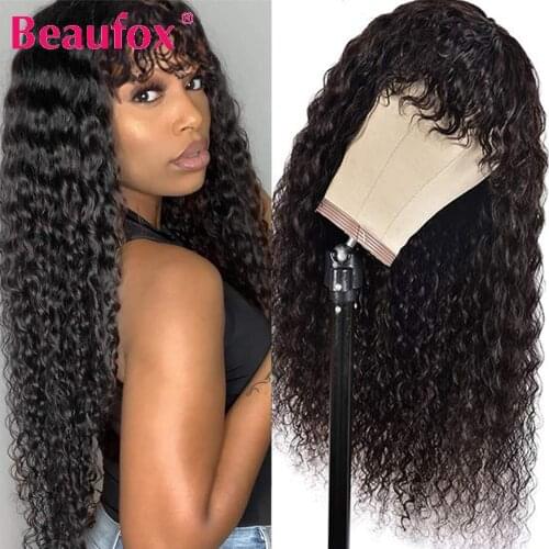 Water Wave Wigs With Bangs For Black Women Malaysian Remy Human Hair Wigs Glueless Full Machine Made Wigs With Bang Beaufox