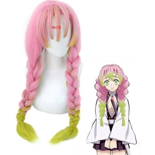 Demon Slayer Kimetsu no Yaiba Kanroji Mitsuri Pink Long Braids Wig Cosplay Costume Heat Resistant Hair Halloween Party Wigs