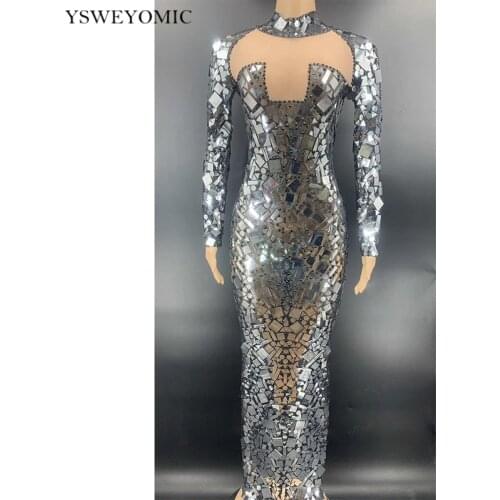 Sexy Mesh Perspective Silver Sequins Black Stones Party Birthday Long Dress Women Nightclub Outfit Singer Performance Stage Wear
