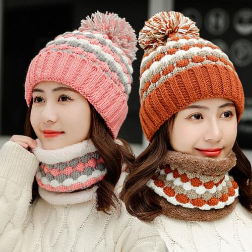 Hat female autumn and winter sweet and cute round face winter cycling knitted cotton hat plus velvet thick woolen hat tide