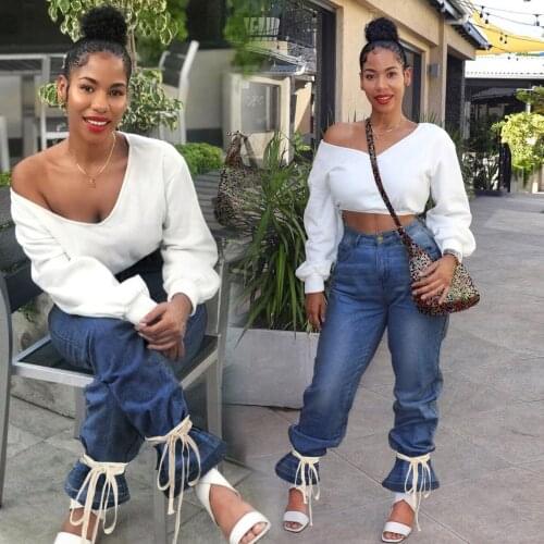 Blue Straight Leg Jeans Women 2021 Spring Fashion High Waist Lace Up Denim Pants Women Casual Loose Plus Size Jeans Streetwear