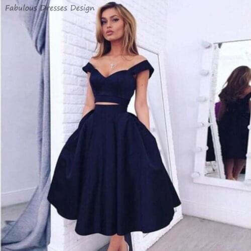 Royal Blue Two Pieces Prom Dresses 2020 A Line Tea Length Off The Shoulder Vestido De Festa Evening Dress Party For Women