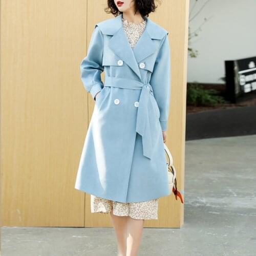 New Spring Autumn Elegant Women Double Breasted Solid Trench Coat Vintage Turn-down Collar Warm Trench with Belt