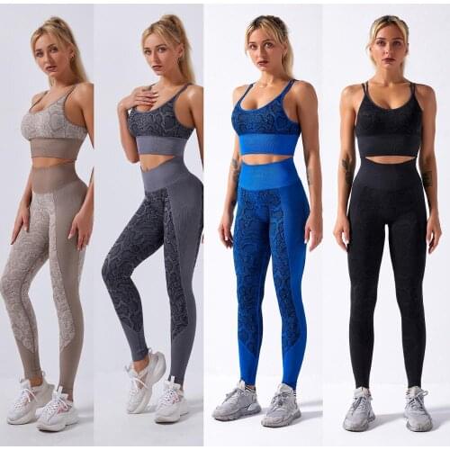 High Performance New Gym Fitness Snake Pattern Yoga Two-piece High Waist Seamless Breathable Pants Sexy Bra