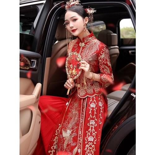 High Quality Phoenix Embroidery Cheongsam Chinese Style Bride Wedding Dress Marrige Suit Exquisite Qipao Vestidos