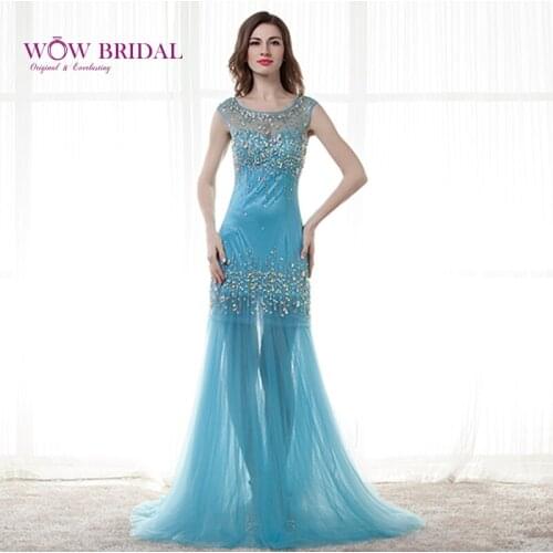 Wowbridal Graceful Long Prom Dress Sheer Beaded Strapless Satin Sweep Train Mermaid Ruched Women Formal Party Dress