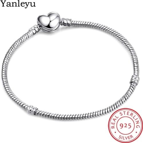 Yanleyu 100% 925 Sterling Silver Snake Chain Bangle Bracelet For Women Heart Clasp For Original DIY Jewelry Making Gift PB035