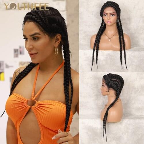 Youthfee 26 Inches Swiss Lace Front Double Dutch Twins Braided Wigs With Baby Hair For Black Women Box Braided Synthetic Wig