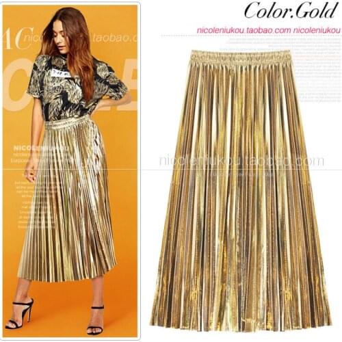 Female High Waist Mid-length Glossy Skirt Metallic Color Gold Silver Retro Pleated A-Line Laser Reflective Pencil Skirt Faldas