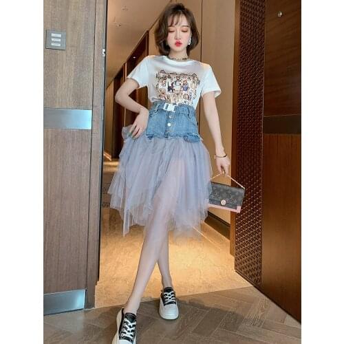 Stylish Cool Printed T-shirt + High Waist Denim Stitching Mesh Irregular Overskirt Suit, Female Fashion Summer New