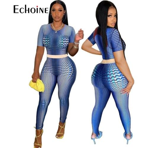 Echoine Women Set Print Short Sleeve Crop Tops Stretchy and trousers Two 2 Piece Sets Sexy Casual Tracksuit 2021 Summer Outfits