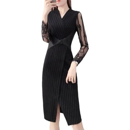 Black Striped Office Lady Work Dress Women Lace Sleeve Sexy Summer Autumn Patchwork Hip Elegant Fashion Vestido Mujer DD2017