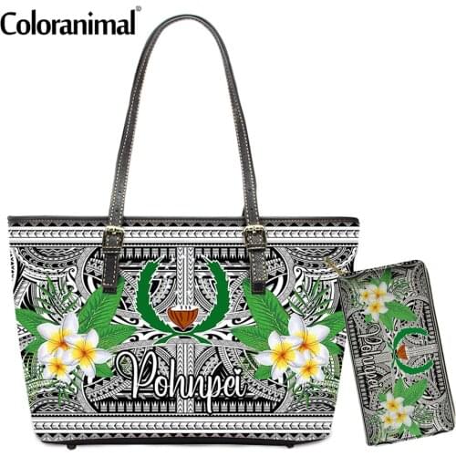 Coloranimal Fashion Girls 2Pcs Set Handbag&Wallet Fashion Tribal Pohnpei Polynesian Plumeria Printed Women Shoulder Bag PU Totes