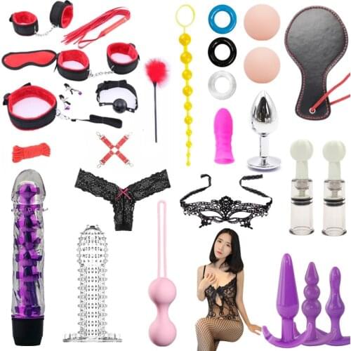 30Pcs Sex Toys for Woman Whip Rope Handcuffs Metal Butt Plug Bdsm Sex Bondage Set Anal Plug Dildo Vibrator Adult Toys