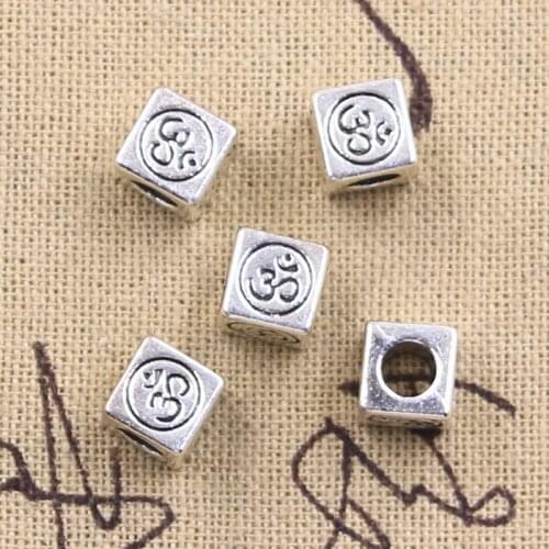 6pcs 7x7x7mm Yoga OM 4.0mm Big Hole Bead Charm Fits Antique Silver Color Charm Bracelets Wholesale